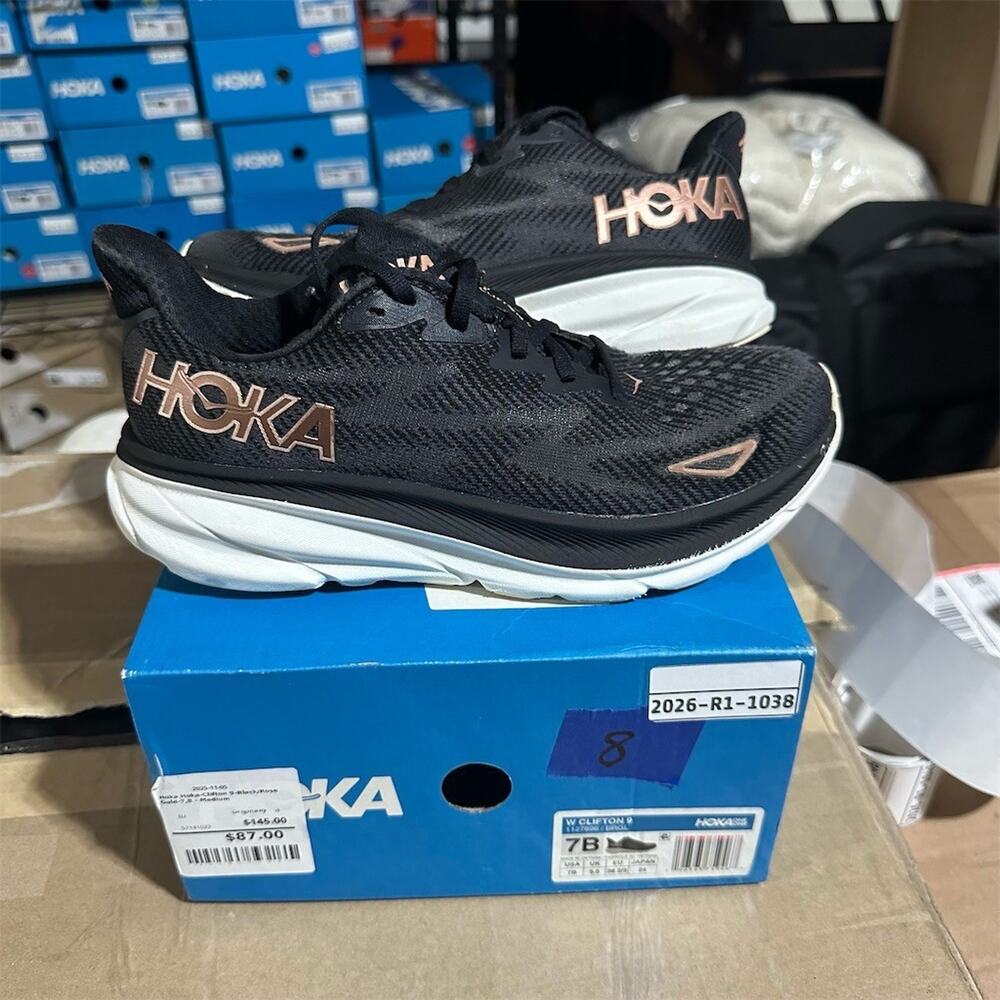 HOKA Clifton 9 'Black/Rose Gold' Sneakers 1127896 | Womens 7.5 B | Preowned EUC
